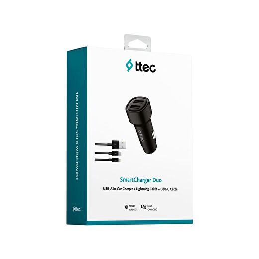 ttec SmartCharger Duo 3.1A Araç Şarj Aleti Çift USB  + USB-C ve Lightning Kablo 4