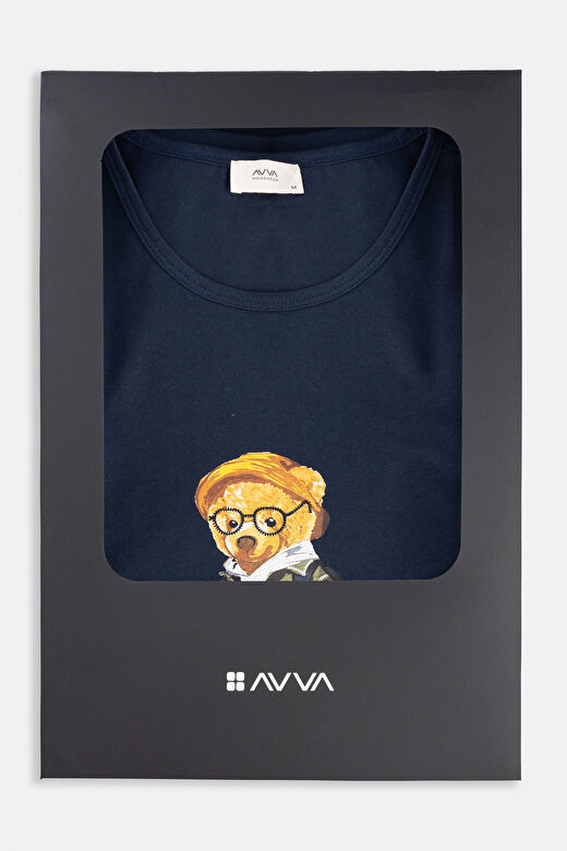Erkek Lacivert Bisiklet Yaka Uzun Kollu Önü Baskılı Pijama Takımı E003303 2
