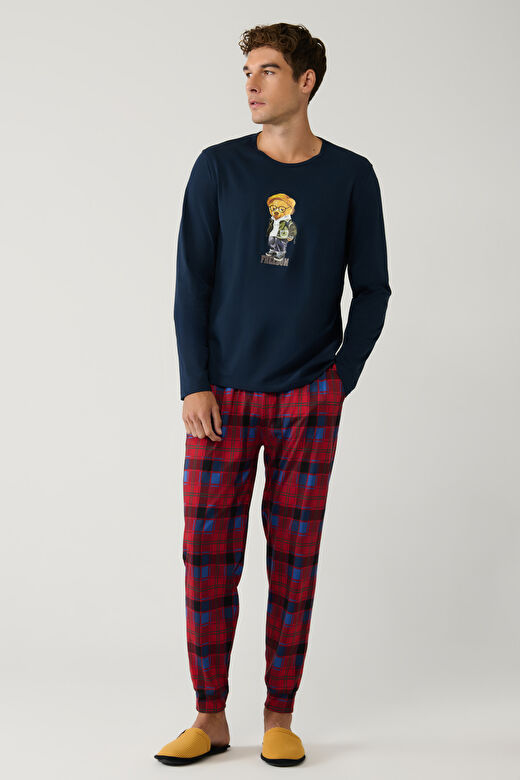 Erkek Lacivert Bisiklet Yaka Uzun Kollu Önü Baskılı Pijama Takımı E003303 1