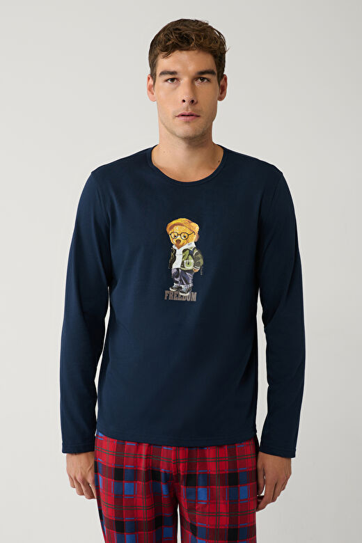 Erkek Lacivert Bisiklet Yaka Uzun Kollu Önü Baskılı Pijama Takımı E003303 3