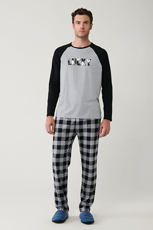Erkek Gri Bisiklet Yaka Uzun Kollu Ekoseli Pijama Takımı E003305 1