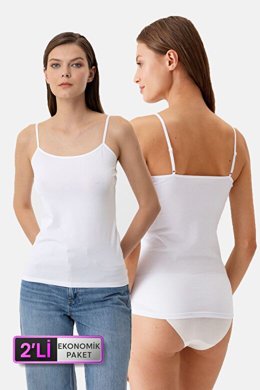 Kadın 2'li Ekonomik Paket Beyaz 1204 ince Askılı Basic Pamuklu Atlet Set 1