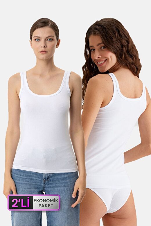 2'li Ekonomik Paket Beyaz 1025 Kare Yaka Kalın Askılı Basic Pamuklu Atlet Set 1