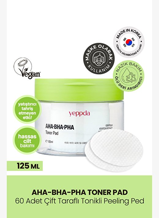 60 Adet Çift Taraflı Tonikli Peeling Ped Yeppda AHA BHA PHA Toner Pad 125 ml 60 pcs 1