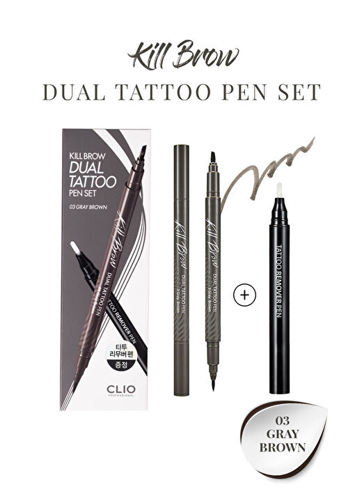 Yarı Kalıcı Kaş ve Makyaj Düzeltici Kalem Seti CLIO Kill Brow Dual Tattoo Pen Set (03 Gray Brown) 1