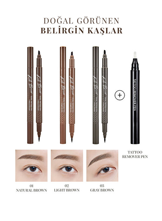 Yarı Kalıcı Kaş ve Makyaj Düzeltici Kalem Seti CLIO Kill Brow Dual Tattoo Pen Set (03 Gray Brown) 3