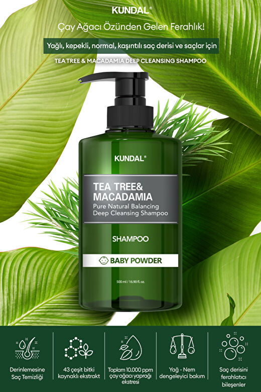 Sorunlu Saç Derisine Özel Şampuan KUNDAL Tea Tree & Macadamia Deep Cleansing Shampoo (Baby Powder) 2