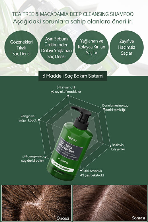 Sorunlu Saç Derisine Özel Şampuan KUNDAL Tea Tree & Macadamia Deep Cleansing Shampoo (Baby Powder) 3
