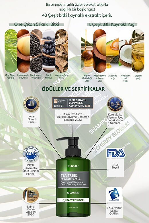 Sorunlu Saç Derisine Özel Şampuan KUNDAL Tea Tree & Macadamia Deep Cleansing Shampoo (Baby Powder) 4