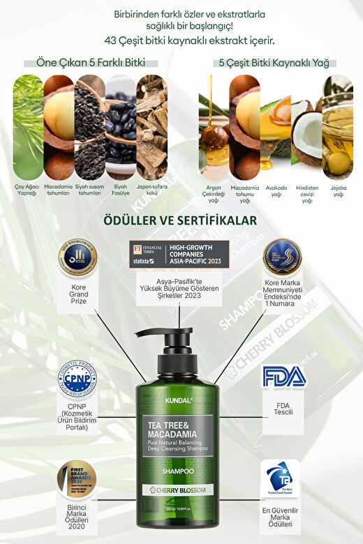Yağlı Saçlara Özel Şampuan KUNDAL Tea Tree & Macadamia Deep Cleansing Shampoo 500 ml (CherryBlossom) 4
