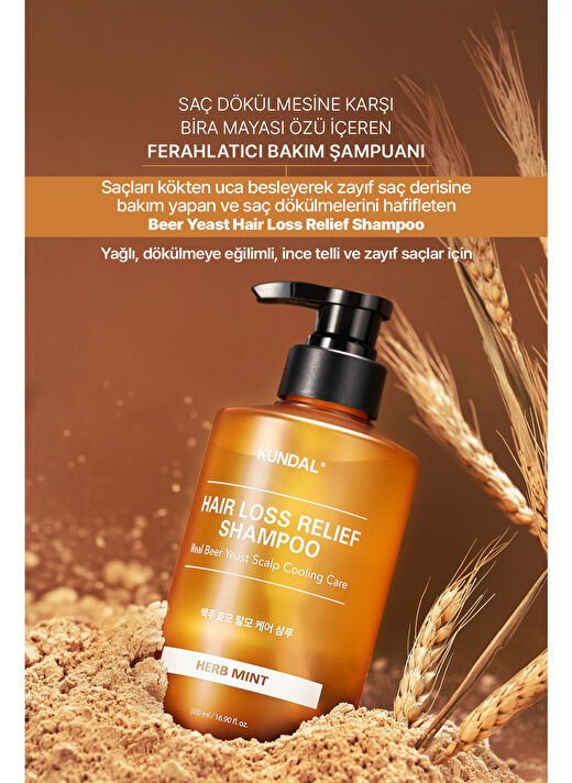 Saç Dökülmelerine Karşı Şampuan KUNDAL Hair Loss Relief Shampoo Real Beer Yeast 500ml (Herb Mint) 2