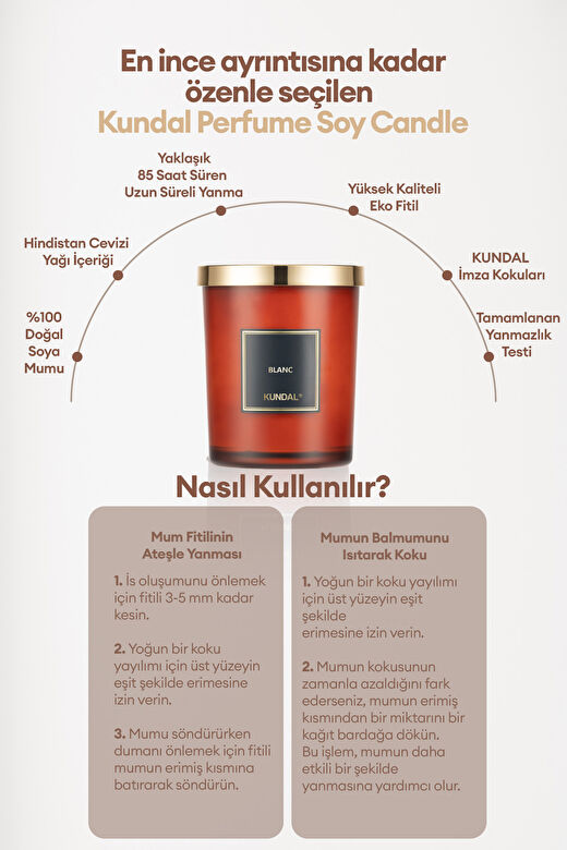 Parfümlü Doğal Soya Mumu KUNDAL Perfume Natural Soy Wax Candle 500G (Blanc) 2