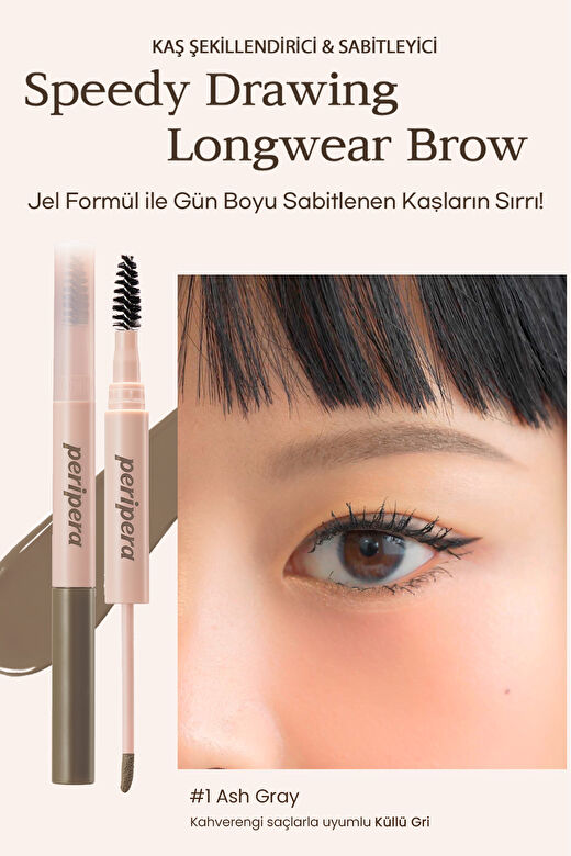 Uzun Süre Kalıcı, Yoğun Pigmentli Kaş Jeli Peripera Speedy Drawing Longwear Brow (01 Ash Gray) 2