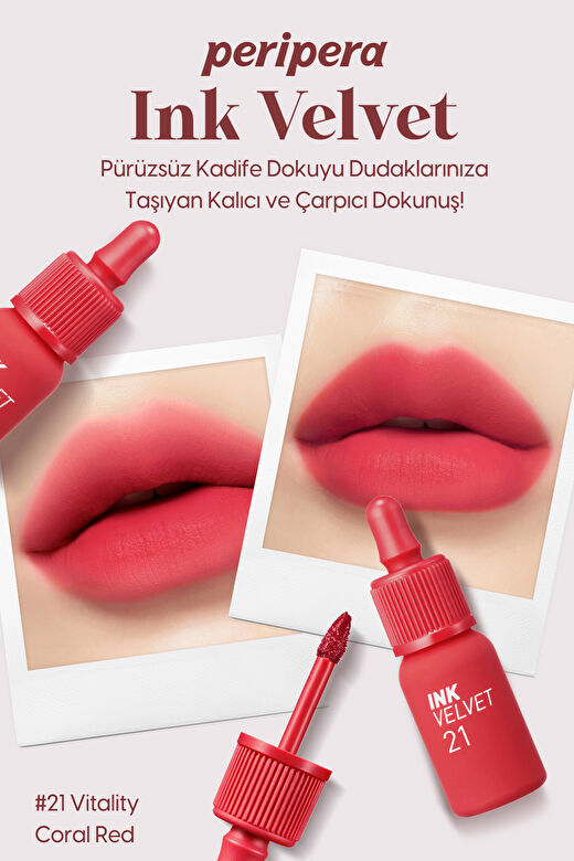 Yüksek Pigmentli, Kadife Görünümlü Gün Boyu Kalıcı Tint Peripera Ink Velvet (21 Vitality Coral Red) 2