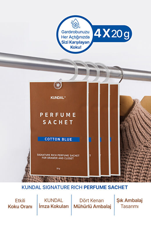 Dolap İçi Parfümlü Koku Kesesi KUNDAL Signature Rich Perfume Sachet (Cotton Blue) 4Х20g 1