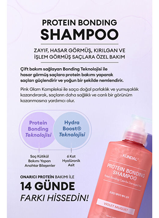 Yoğun Onarıcı ve Isı Koruyucu Bakım Şampuanı KUNDAL Protein Bonding Shampoo 500ml Violet Muguet 2