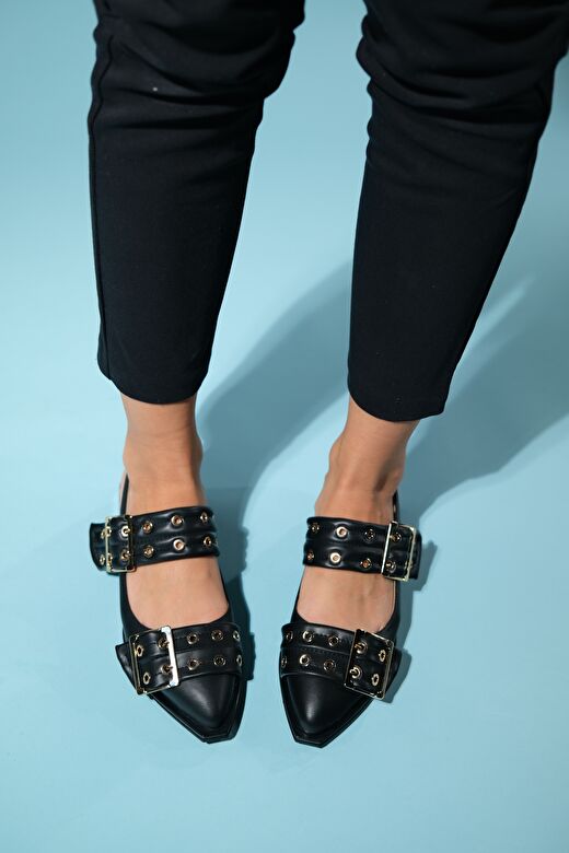 PALOMA Siyah Cilt Altın Tokalı Kadın Sandalet 3