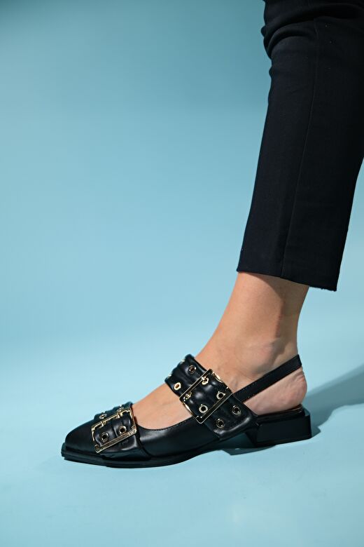 PALOMA Siyah Cilt Altın Tokalı Kadın Sandalet 4