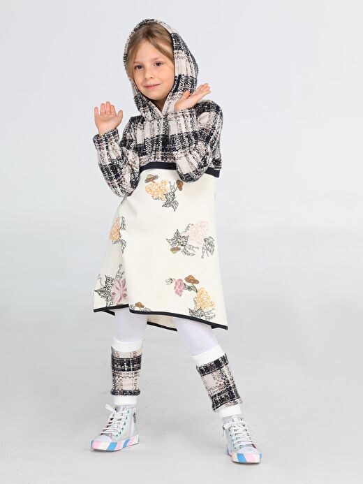 Ekose Baskılı Hoodie Kız Elbise + Tozluk Takım 1