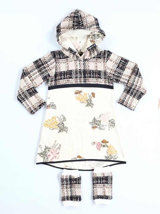 Ekose Baskılı Hoodie Kız Elbise + Tozluk Takım 4