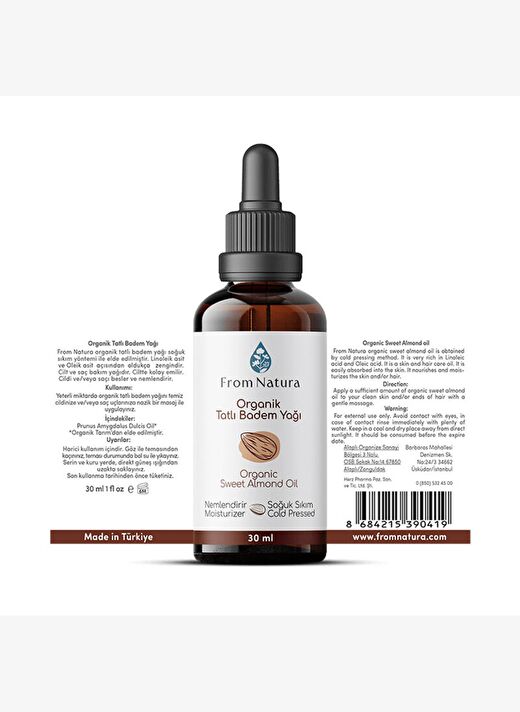 From Natura Organik Soğuk Sıkım Tatlı Badem Yağı 30 ml 2