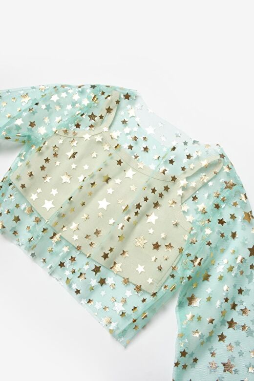 Mint  Uzun Kollu Yıldızlı Kız Çocuk Tül Crop 3