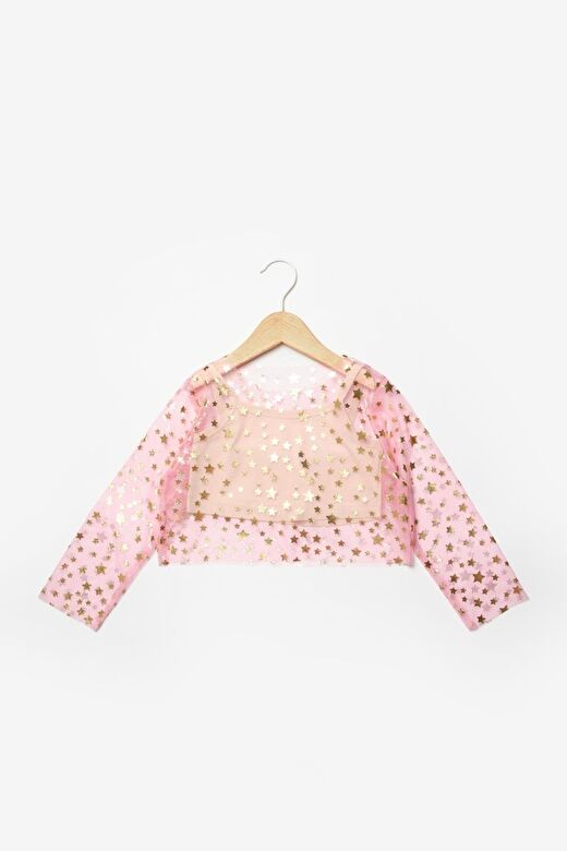 Pembe  Uzun Kollu Yıldızlı Kız Çocuk Tül Crop 1
