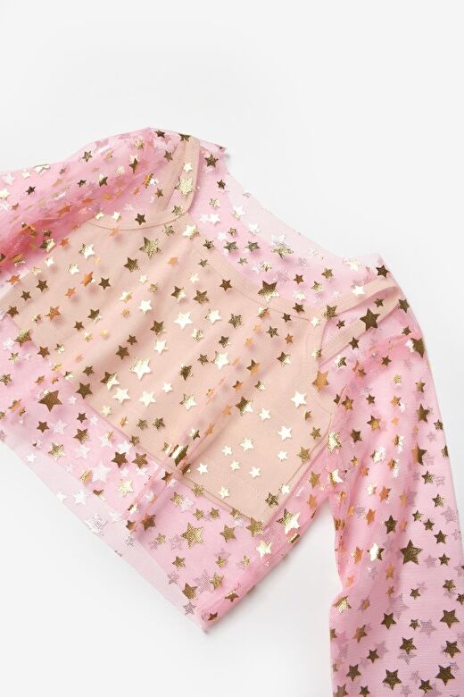 Pembe  Uzun Kollu Yıldızlı Kız Çocuk Tül Crop 3
