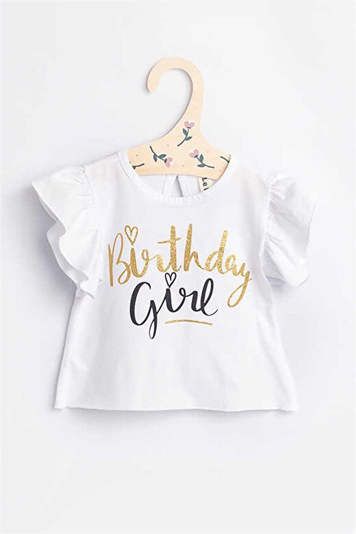 Beyaz  Kısa Kollu Birthday Girl Kız Çocuk Tişört 1