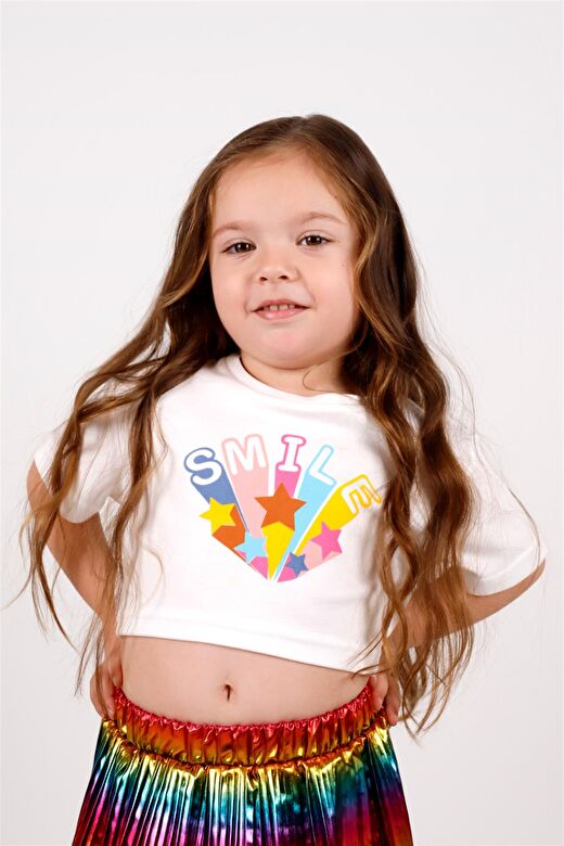Beyaz  Smile Yıldız Baskılı Kız Çocuk Crop Tişört - Becky 2