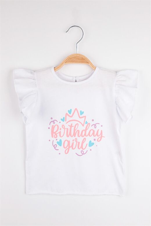Beyaz  Taçlı Birthday Girl Baskılı Kısa Kollu Kız Çocuk Tişört - Olena 2