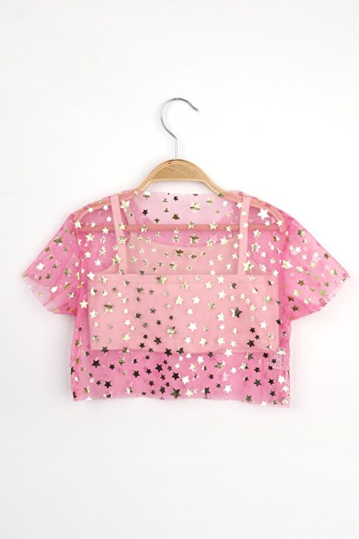 Pembe  Yıldız Baskılı Kız Çocuk Tül Crop 2