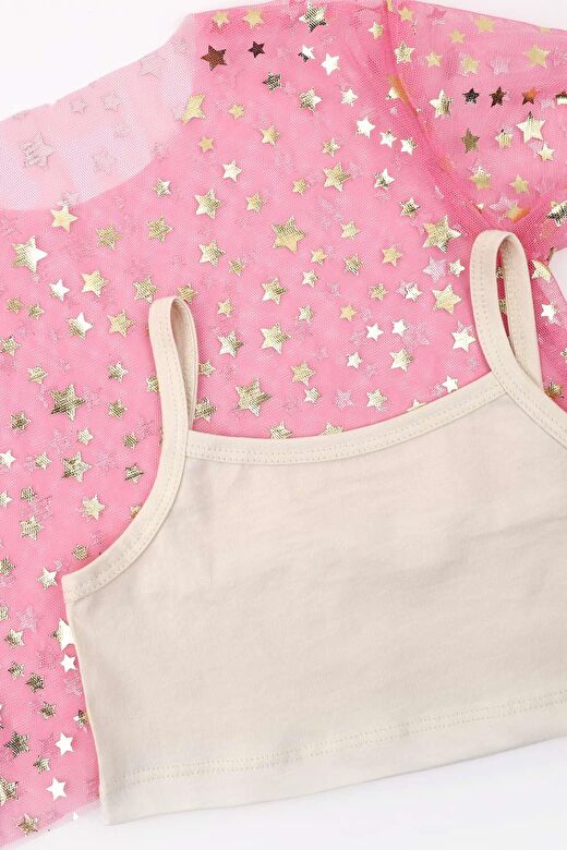 Pembe  Yıldız Baskılı Kız Çocuk Tül Crop 3