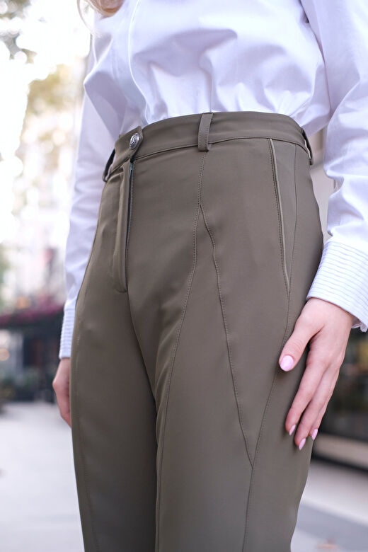 Biye Detaylı Soft-Touch Yeşil Krep Pantolon 3