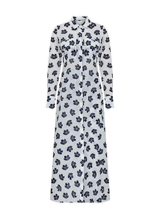 Navy Flowers Uzun Cotton Vual Gömlek 1
