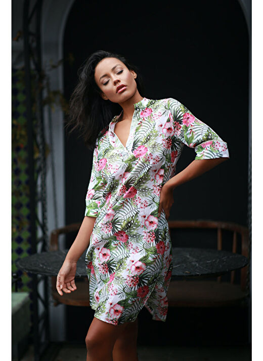 Hakim Yaka Kısa Cotton Rose Kaftan 1