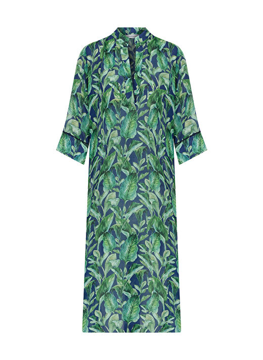 Hakim Yaka Kısa Cotton Green Leaf Kaftan 2