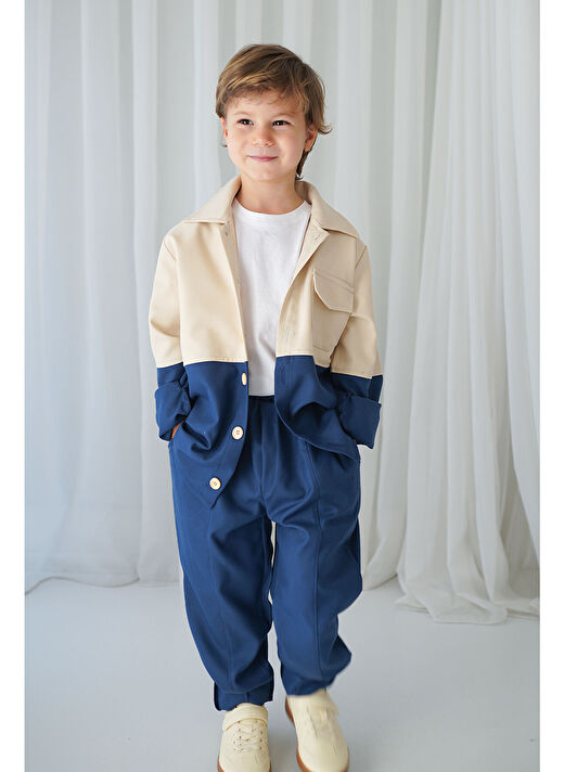 İndigo Krem Retro Ceket - Carrot Pantolon Takım 3