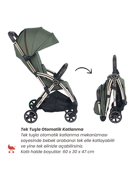 Merkür Bebe Ruby Tek Tuşla Otomatik Katlanan Kabin Boy Bebek Arabası Yeşil 2