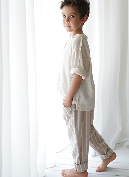 Linen Line Kahve Beyaz Çizgili Carrot Pantolon + Krem Keten İpli Gömlek 2