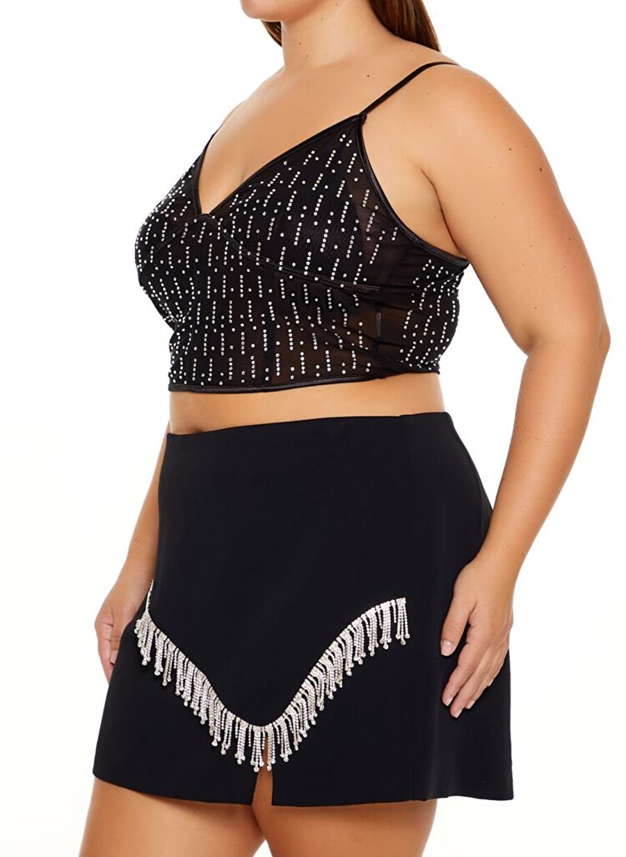 Plus Size Transparan Taşlı Bluz - 1