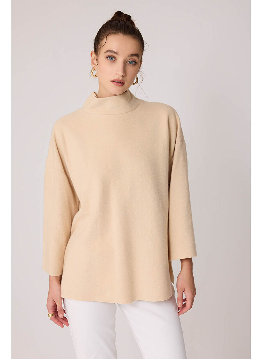 Düşük Kol Yakalı Yanlar Yırtmaçlı Örme Oversize Bluz - 1