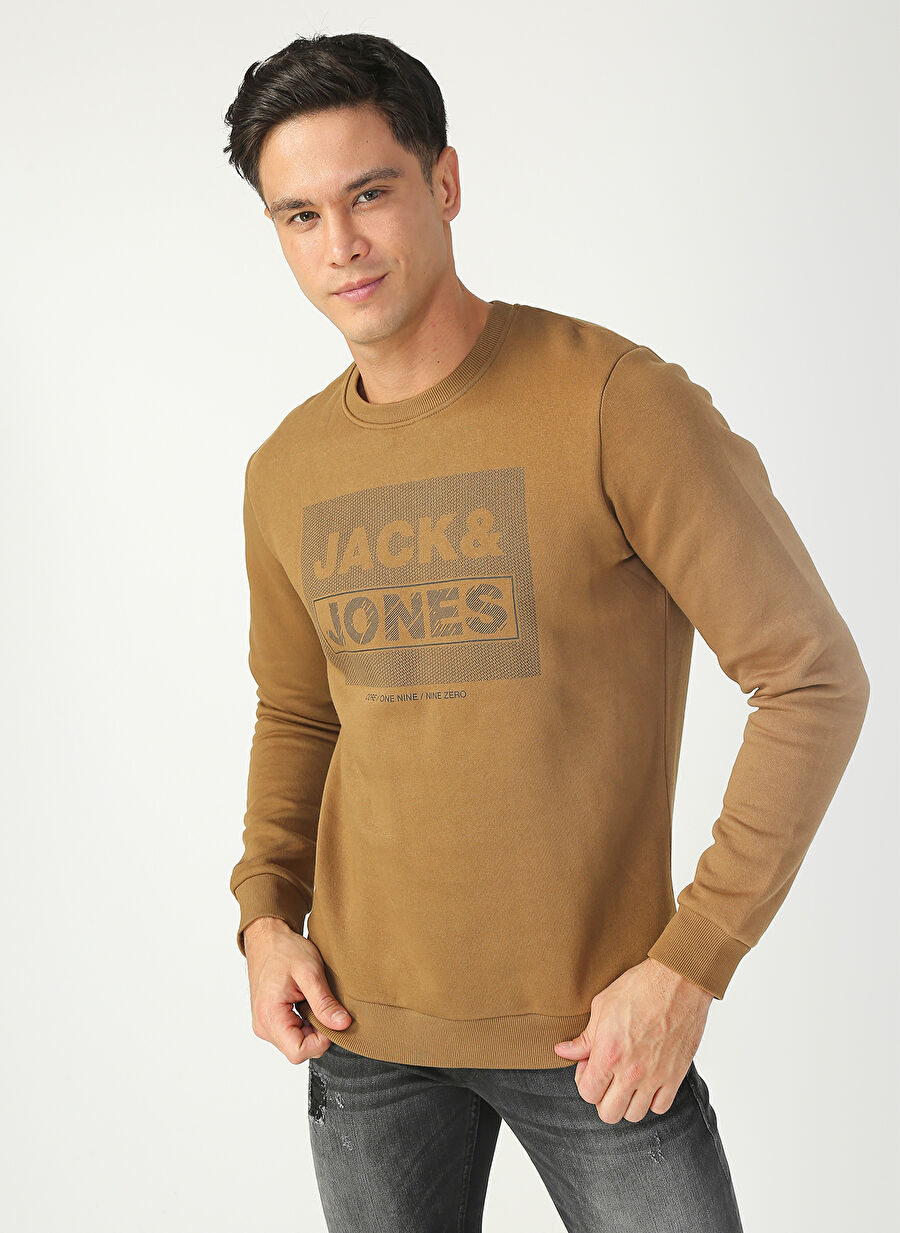 Jack & Jones O Yaka Normal Baskılı Açık Kahve Erkek Sweatshirt