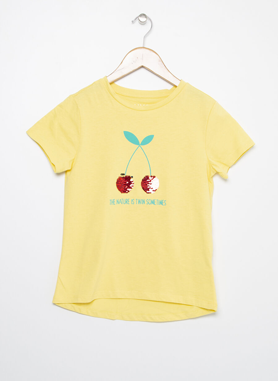 Limon Bisiklet Yaka Nakışlı Sarı Kız Çoçuk T-Shirt