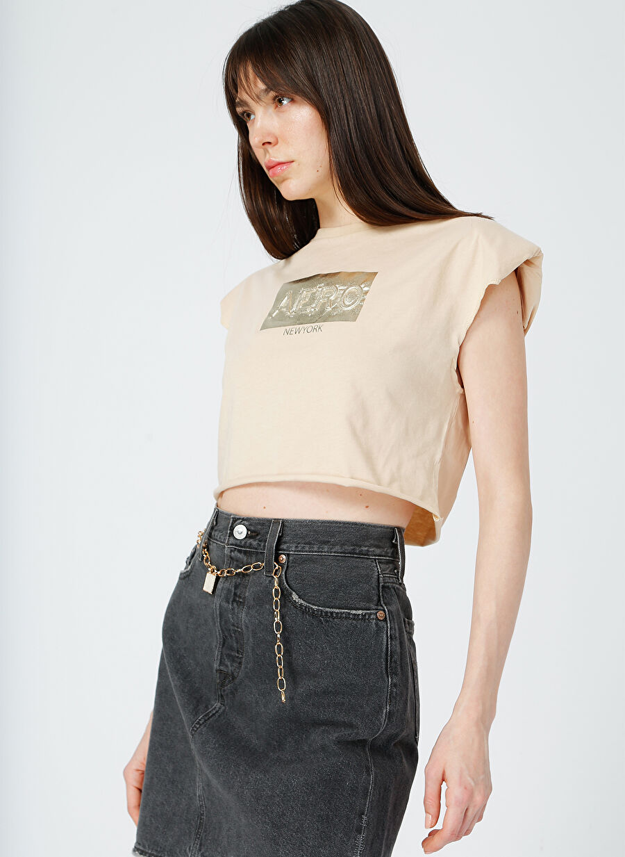 Aeropostale Pamuklu Koyu Crop-Top Bej T-Shirt