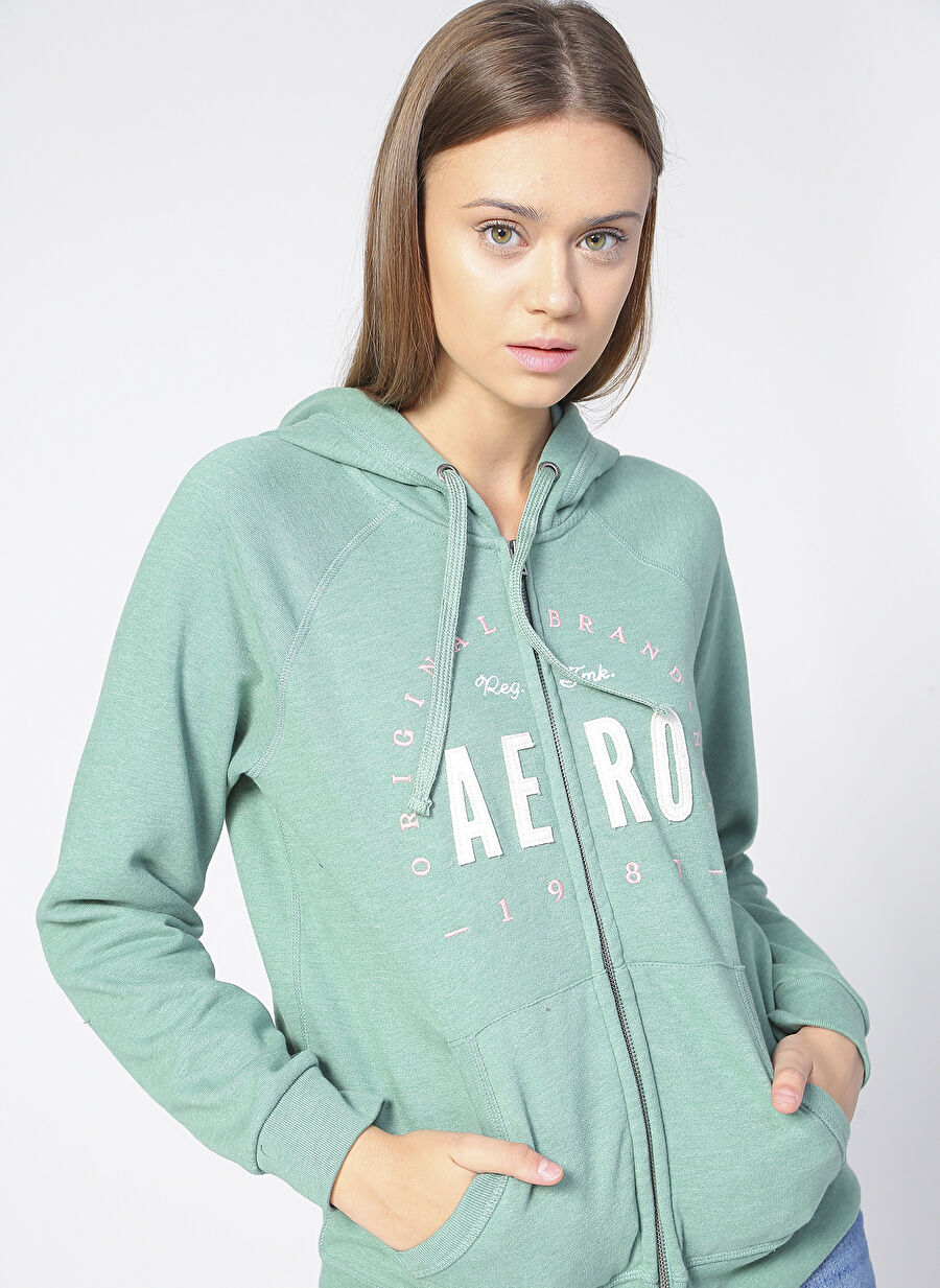 Aeropostale K-2661 Kapüşonlu Uzun Kollu    Koyu Mint Kadın Sweatshirt