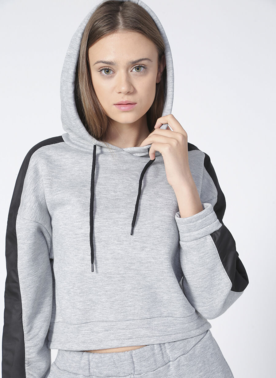 Limon MARI Kapüşonlu Düşük Omuz Gri Melanj Kadın Sweatshirt
