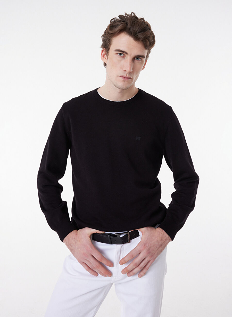 Wrangler W8A02P100 Knitwear Crew Neck Bisiklet Yaka  Regular Fit Düz Siyah Erkek Kazak