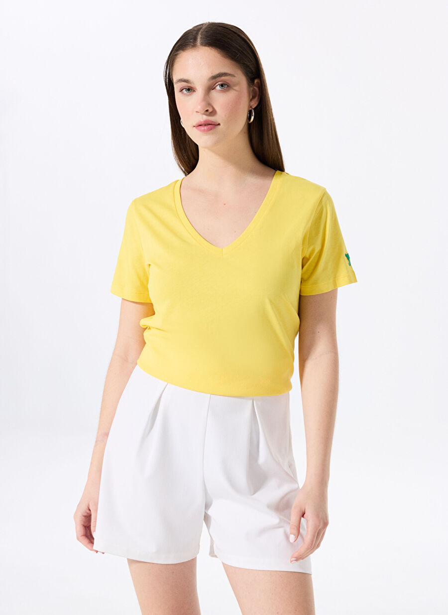 Fabrika Sarı Kadın V Yaka Basic T-Shirt TEYO