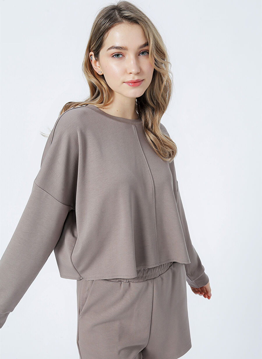 Fabrika Bisiklet Yaka Düz Vizon Kadın Sweatshırt K-HW-21B12